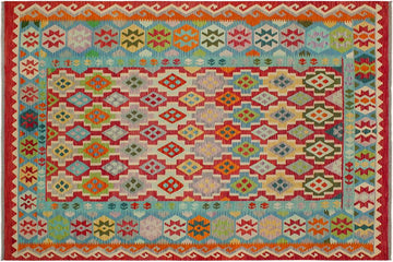 Flat Weave Kilim, Antique, Navaho, Vintage, Handmade, Geometric Kilim Red Blue Hand-Woven Rectangle 100% Wool Area Rug 8 x 10